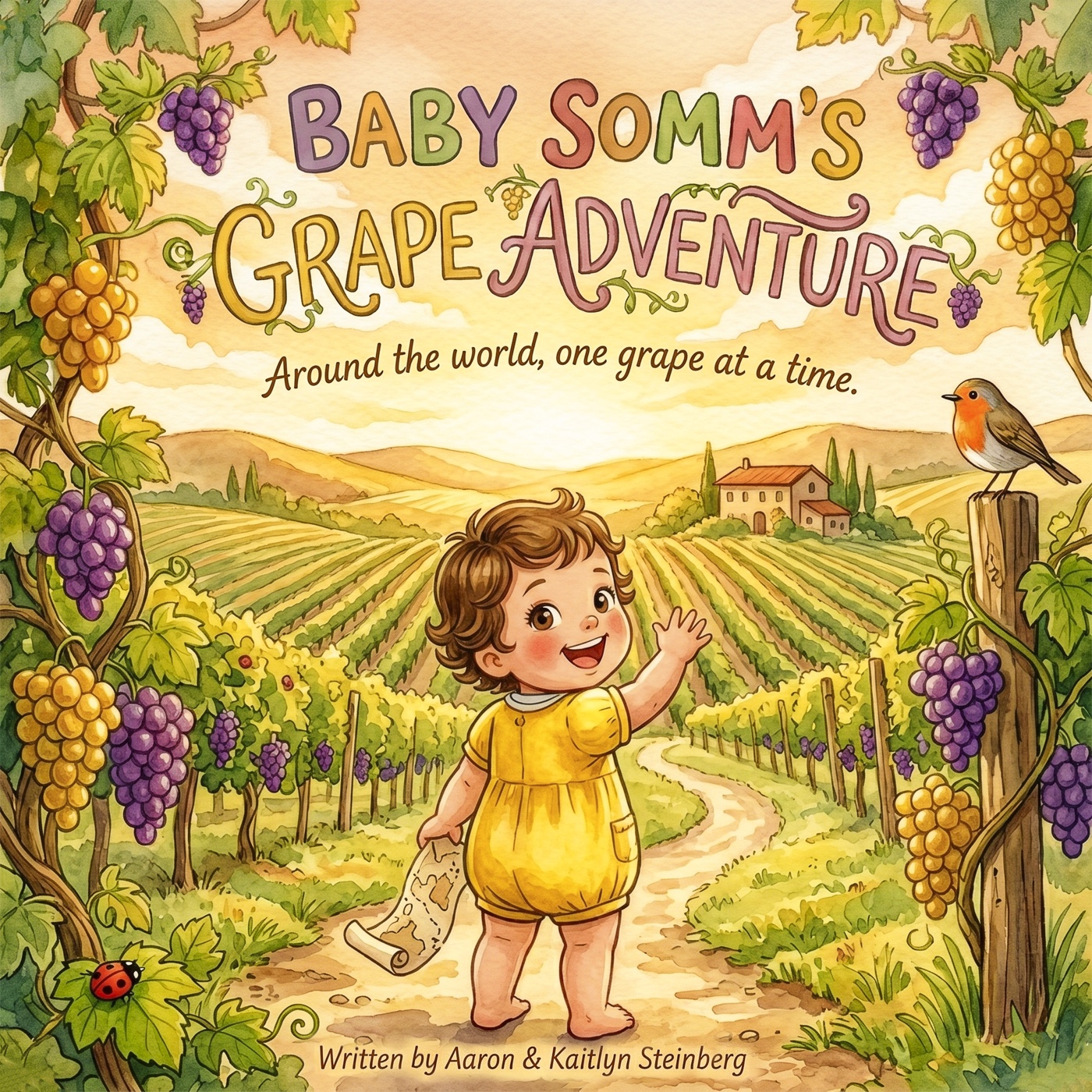 Cover of Baby Somm's Grape Adventure, showing a toddler in a yellow romper walking through a European vineyard