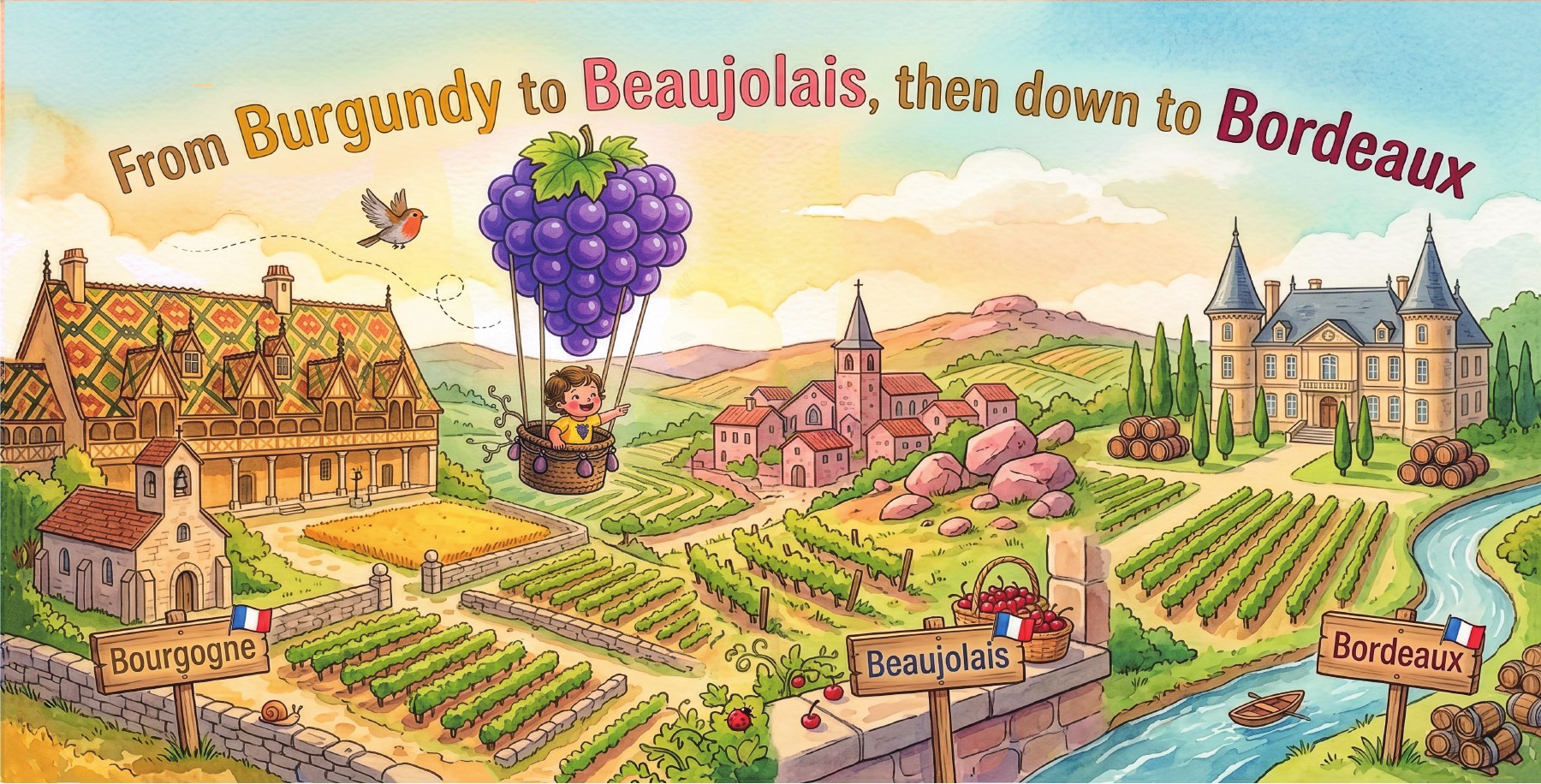 Baby Somm floating over illustrated vineyards in Burgundy, Beaujolais, and Bordeaux