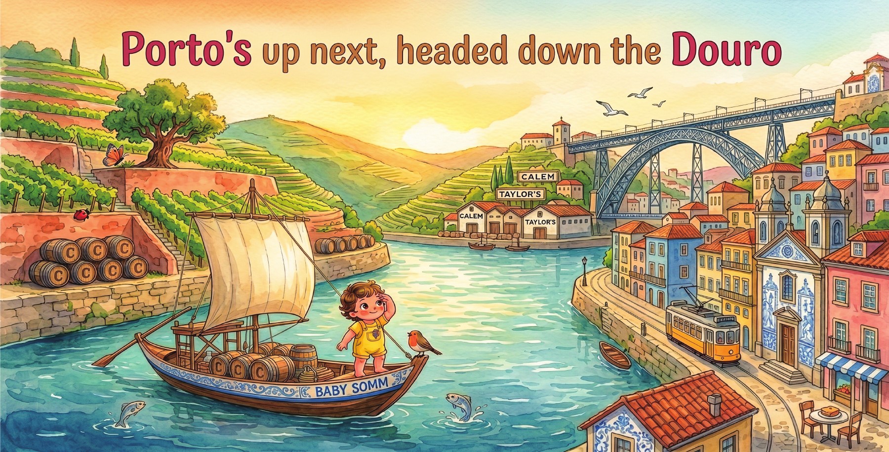 Baby Somm sailing the Douro River past Porto and its hillside wine lodges