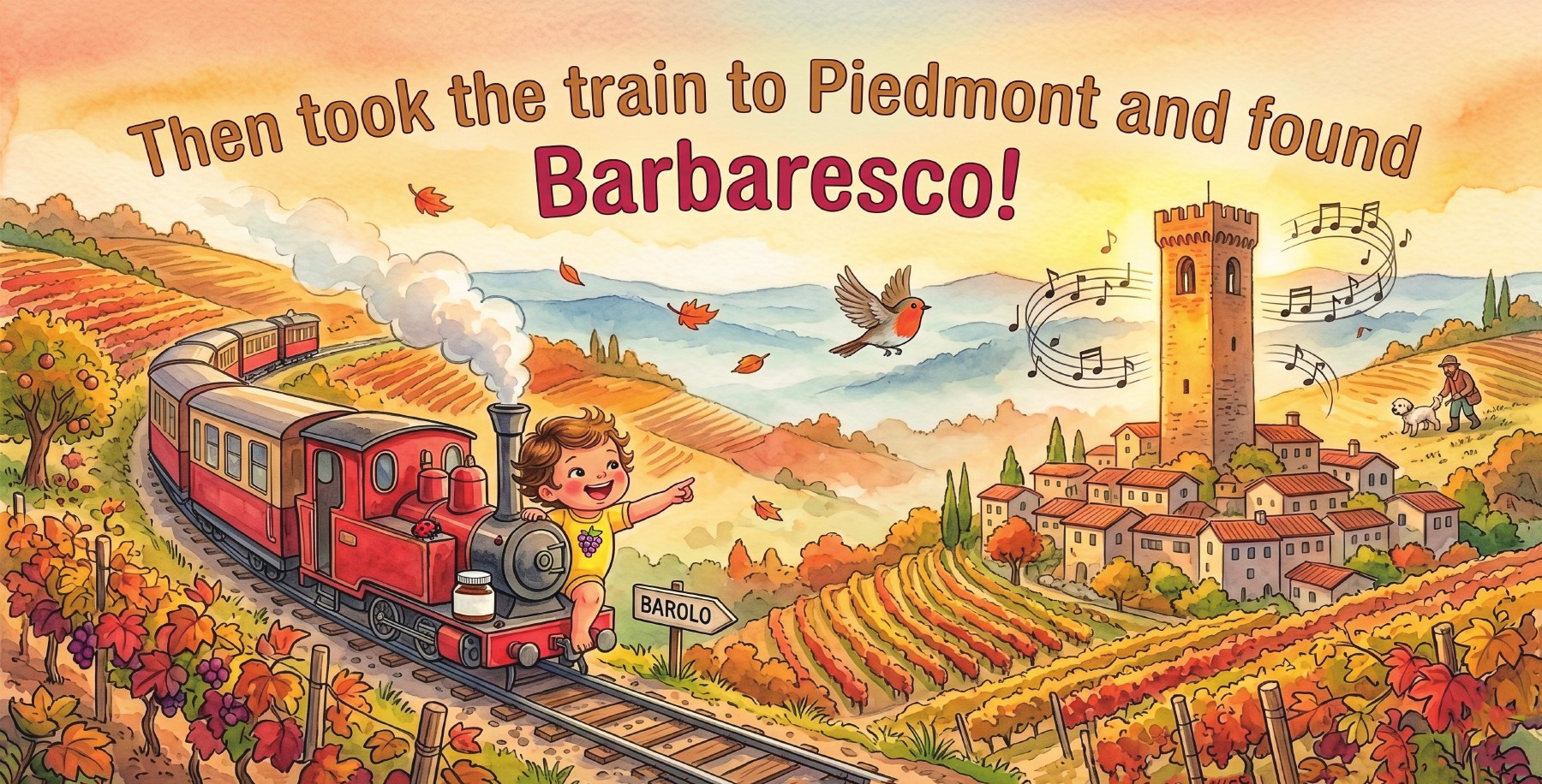 Baby Somm riding a red train through the vineyards of Piedmont toward Barbaresco